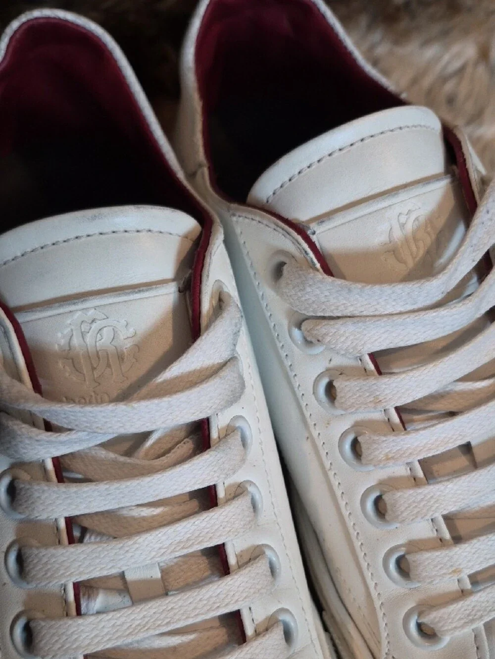 Roberto Cavalli White Leather Low-Top Sneakers with Maroon Lining